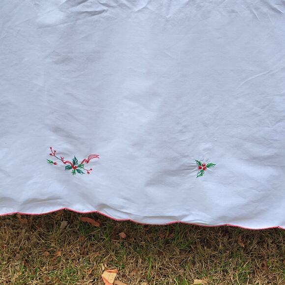 Christmas Hand Stitched Cotton Linen Rectangle Table Cloth Holly Ribbon 69x78" - Picture 7 of 9